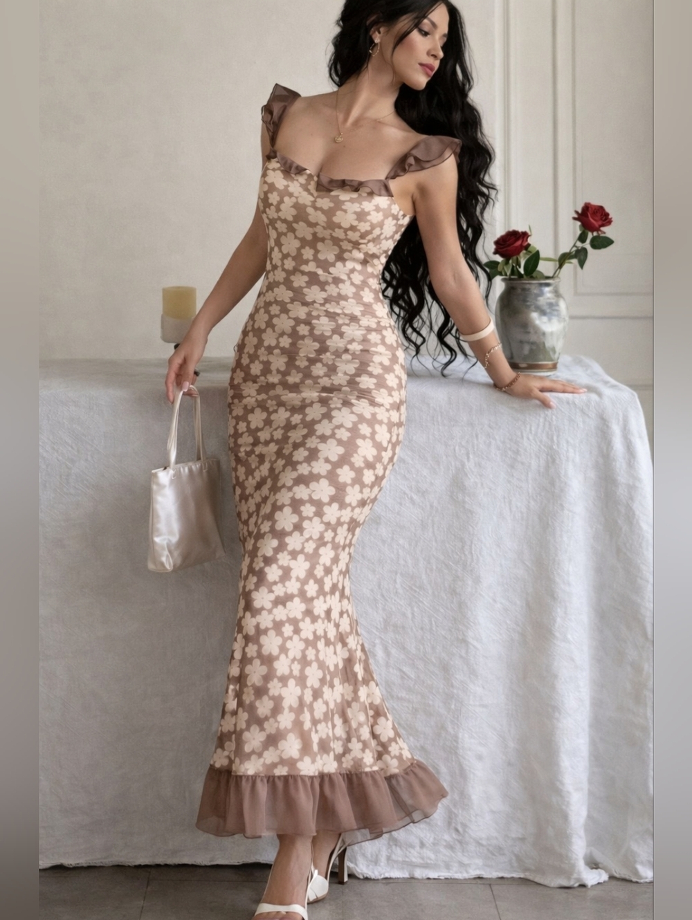 NWT Commense Stretchy Floral Midi Dress Taupe Cream Boho Spring Summer Small XS - Picture 1 of 6
